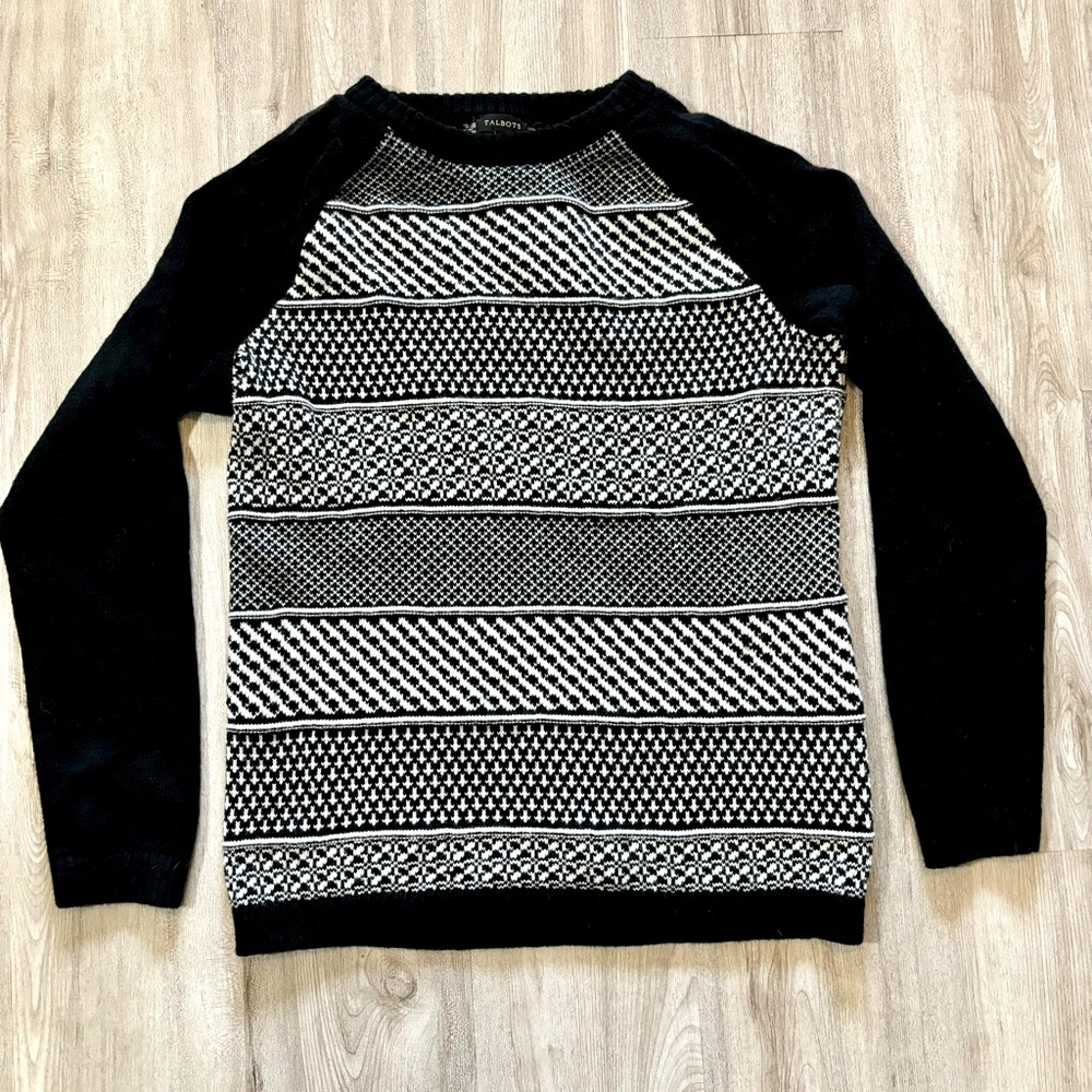 Talbots Sweater Black White Lambswool Blend Womens Size Medium Stripes *Snag